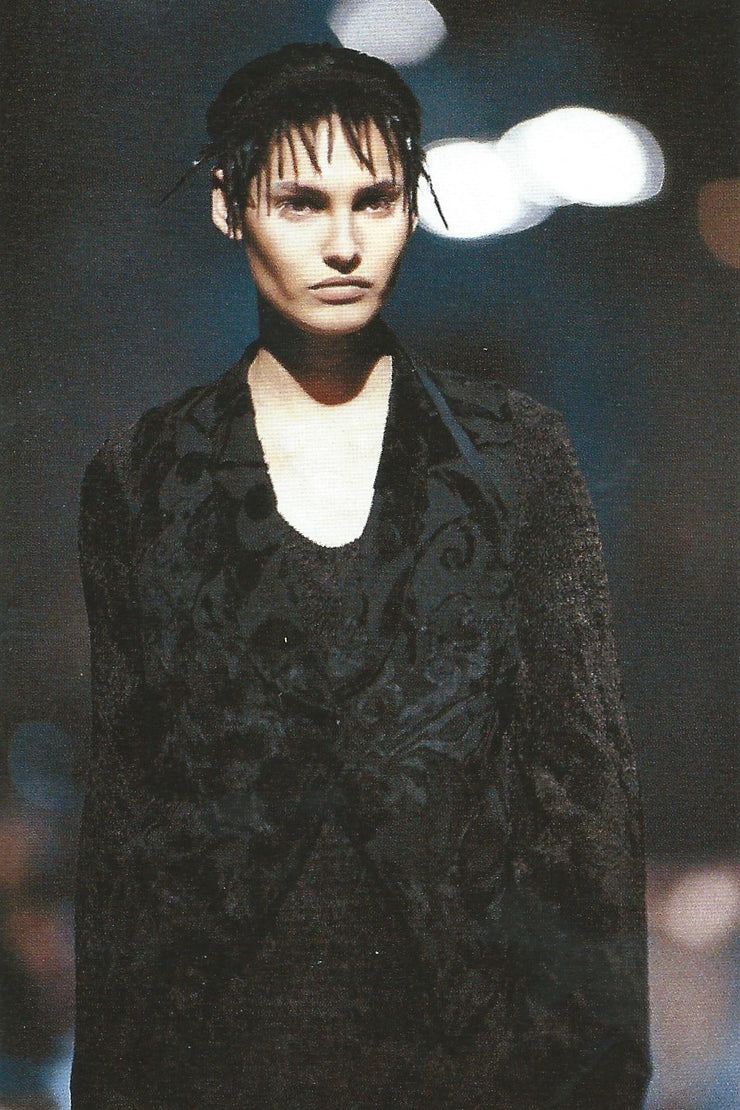 ANN DEMEULEMEESTER - FW94 Cotton blend wide tunic dress with flap pockets and floral velvet pattern