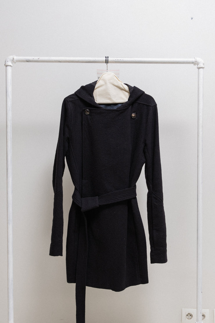 RICK OWENS - FW09 CRUST Virgin wool hooded coat with cuff zipper pockets and belt (runway)