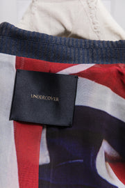 UNDERCOVER - SS16 "Evil Clown" Pinstripe jacket with decorated parts and UK flag lining (runway)