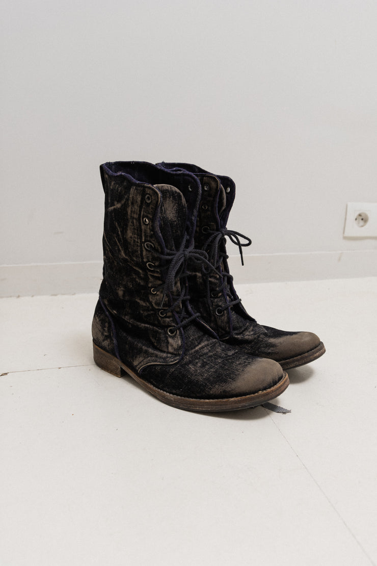 UNDERCOVER - FW04/SS05 "But beautiful" Faded velvet cotton lace up boots