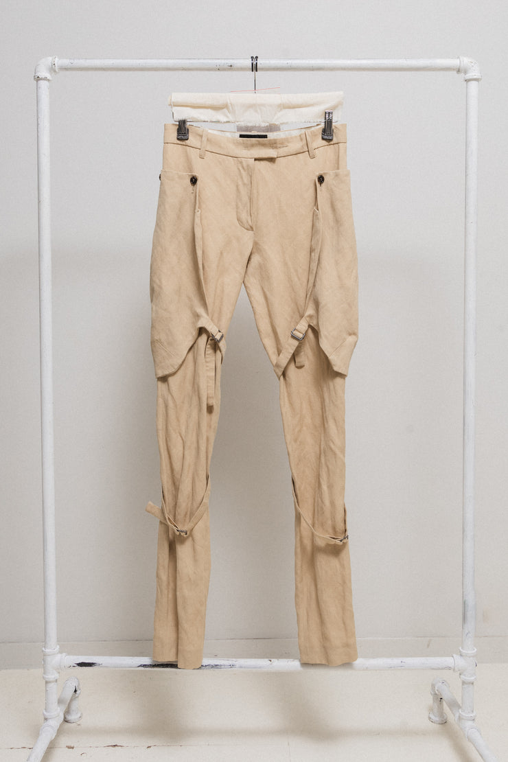 ANN DEMEULEMEESTER - FW04 Fleece wool pants with big buttoned pockets and leg straps (runway)