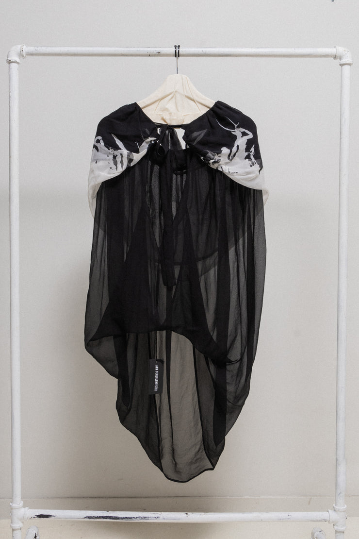 ANN DEMEULEMEESTER - FW07 Silk double layer cape/top with pattern inspired by Kara Walker and a strap closure (NWT)