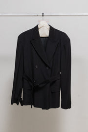 YOHJI YAMAMOTO - Late 80’s / Early 90’s Double breasted gabardine wool jacket with padded shoulders and belt