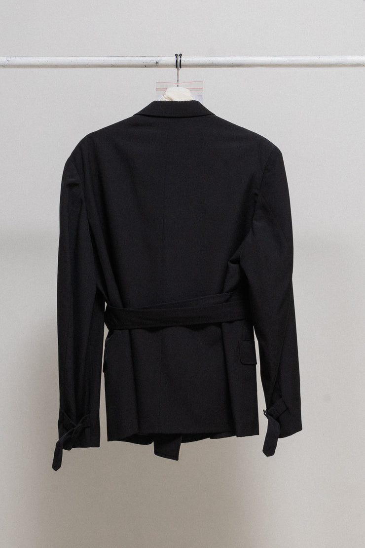 YOHJI YAMAMOTO - Late 80’s / Early 90’s Double breasted gabardine wool jacket with padded shoulders and belt