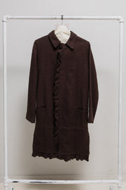 UNDERCOVER - FW02 “Witch’s cell division” Burgundy wool coat with frilled closure and back straps