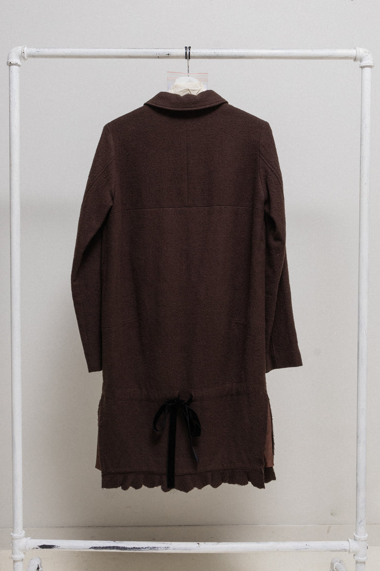 UNDERCOVER - FW02 “Witch’s cell division” Burgundy wool coat with frilled closure and back straps