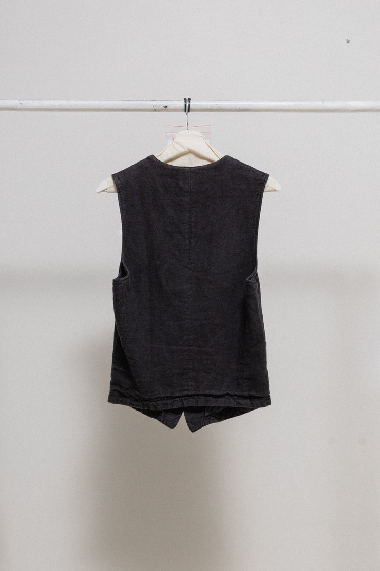 (Pre Sale) ISAMU KATAYAMA BACKLASH - Linen vest with poem lining and leather covered buttons