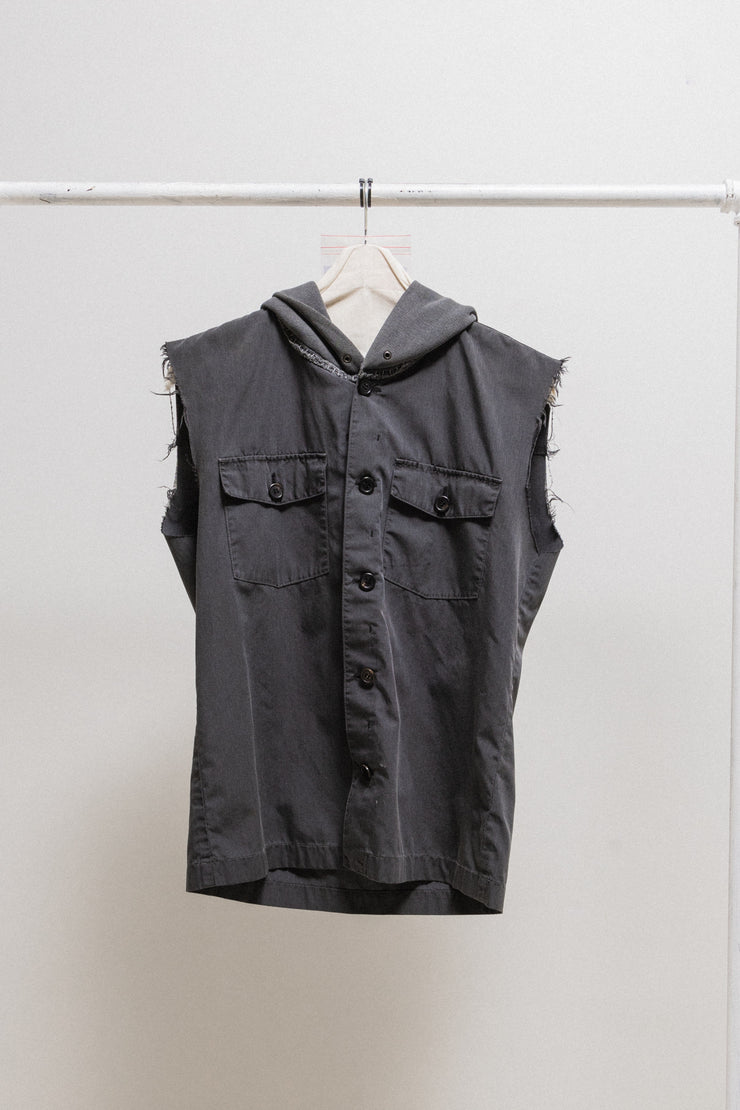 UNDERCOVER - SS03 « SCAB » Sleeveless cotton hooded vest with Sedition’s Earthbeat logo back print and Giz buttons