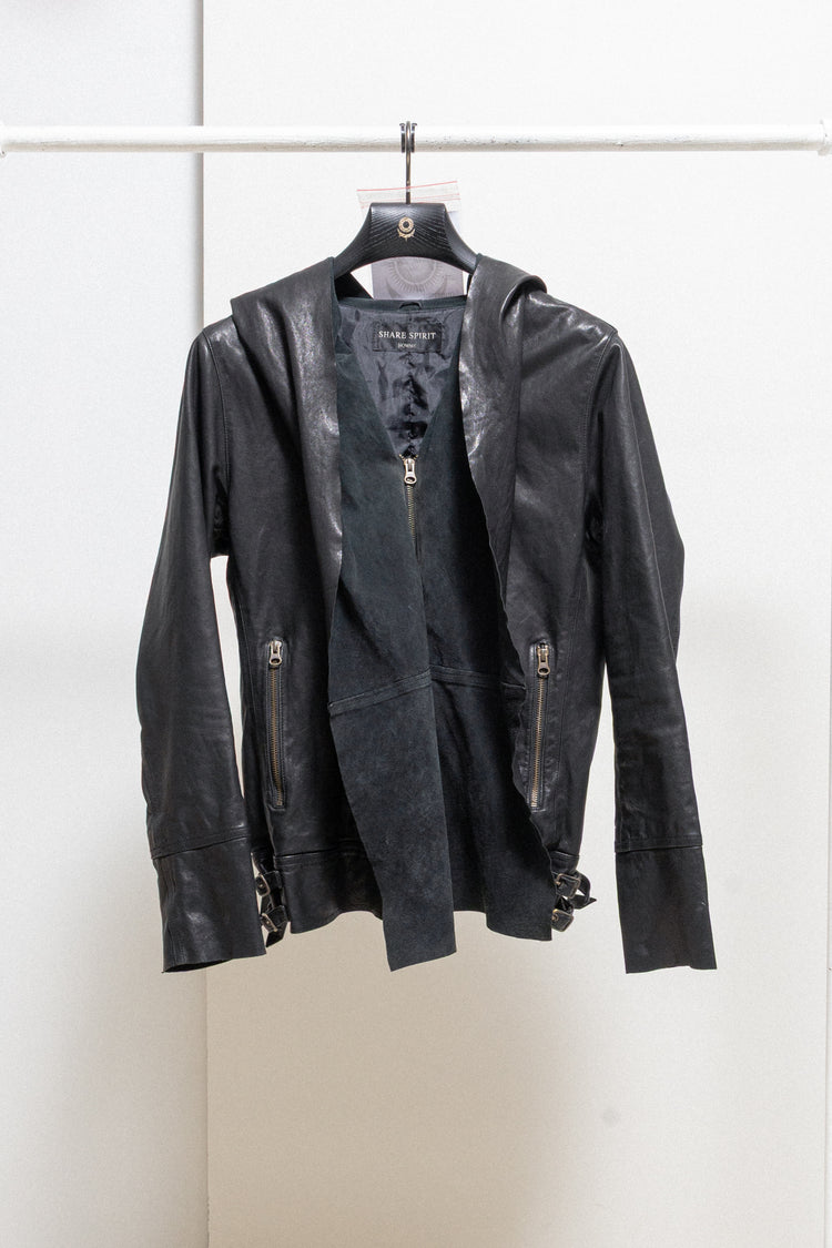 ジャケット・アウター Share Spirit gasmask leather jacket SHARE SPIRIT - Hooded leather jacket with collar and side buckles