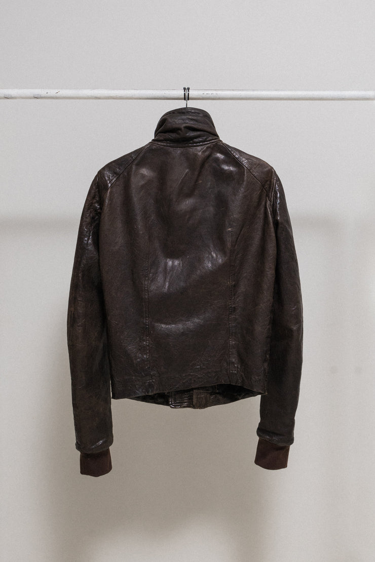 (New Arrival) RICK OWENS - FW08 "STAG" Lamb leather Intarsia jacket with knitted cuffs and high collar