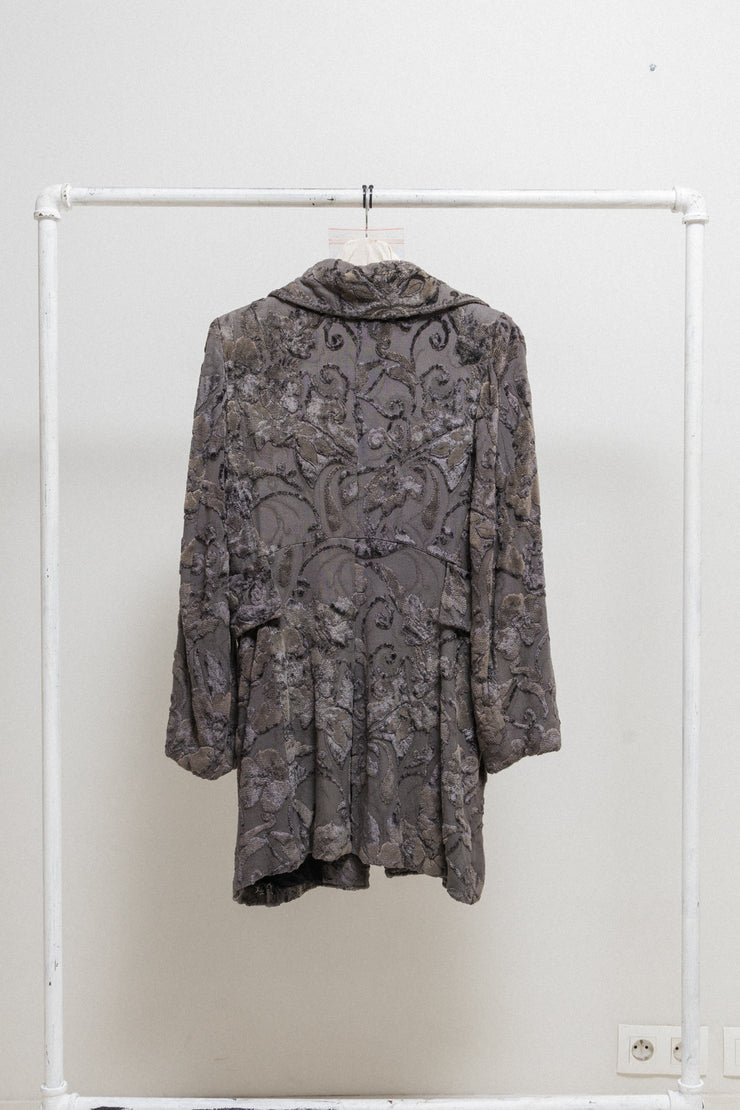 ANN DEMEULEMEESTER - FW94 Grey brown coat with textured velvet floral pattern (runway)