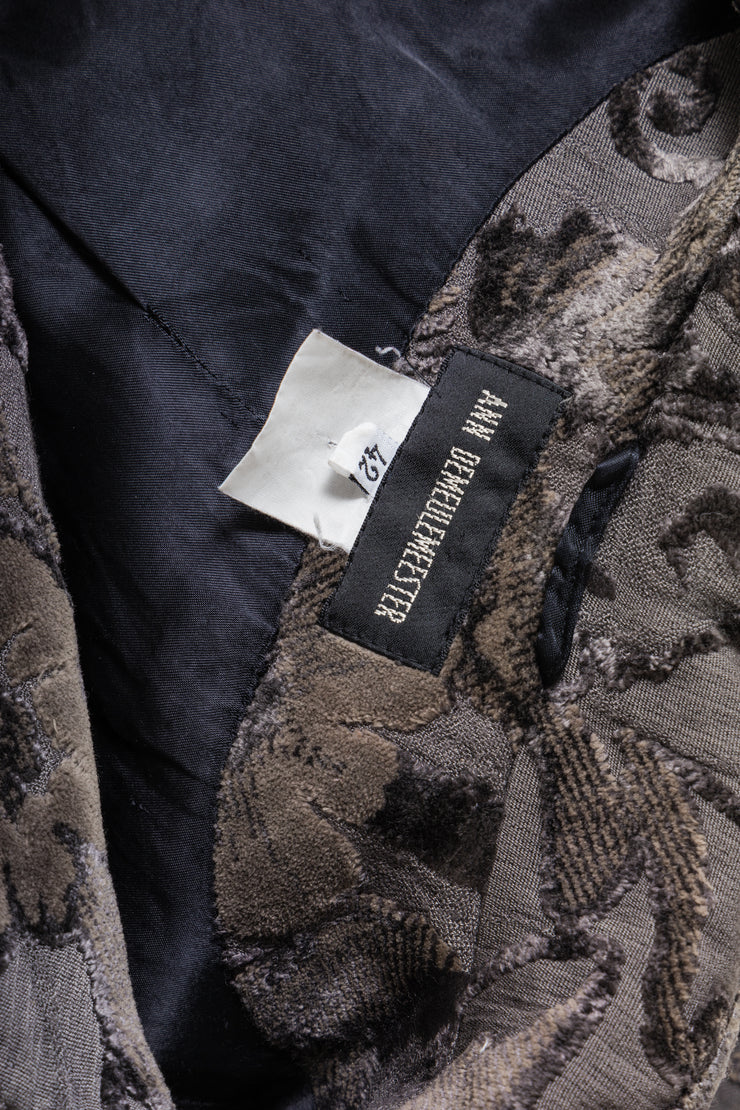 ANN DEMEULEMEESTER - FW94 Grey brown coat with textured velvet floral pattern (runway)