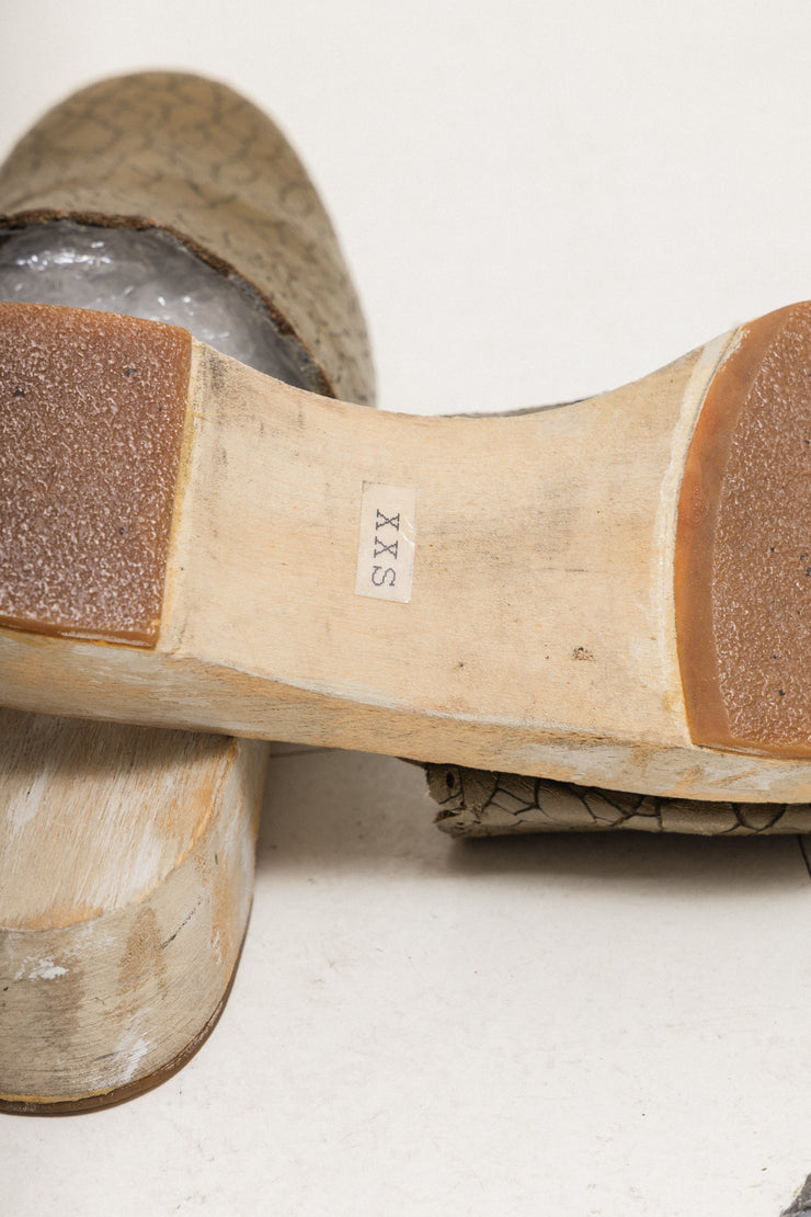 UNDERCOVER - SS05 "But Beautiful II" Crackled leather sandals with painted wooden sole (runway)