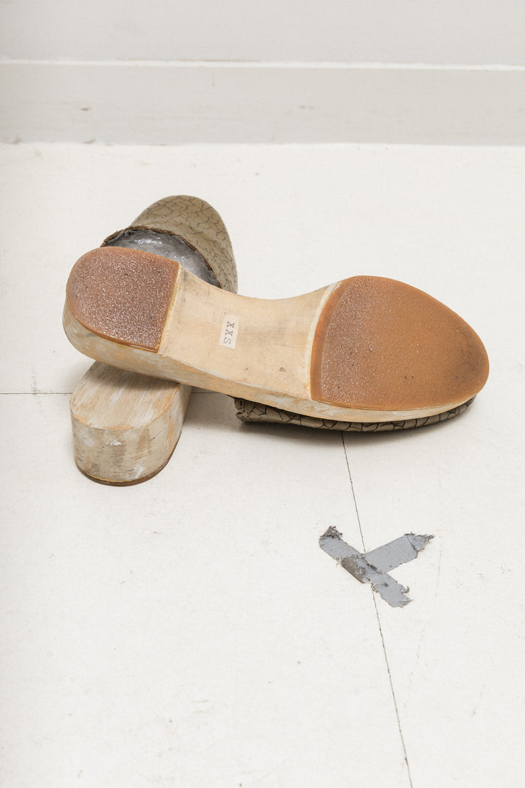 UNDERCOVER - SS05 "But Beautiful II" Crackled leather sandals with painted wooden sole (runway)