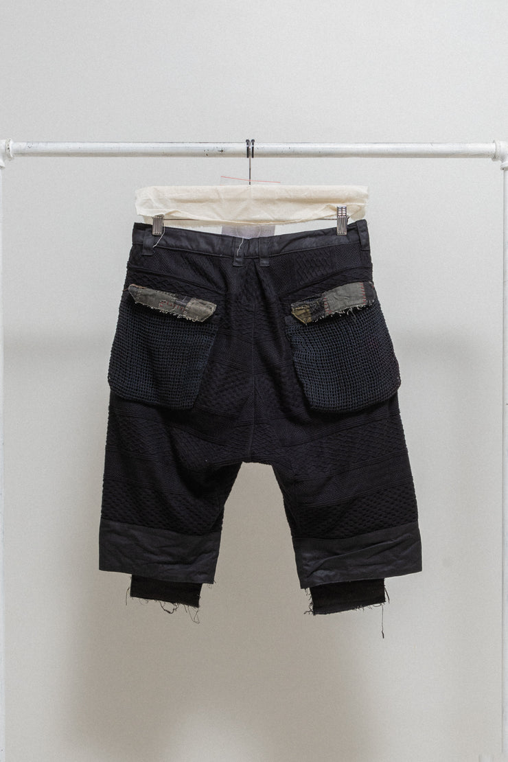 BLACKMEANS - Boro wide short pants with wool details and hand-sewn patches