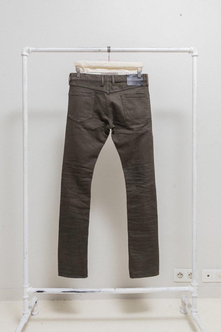 ISAMU KATAYAMA BACKLASH - Crashed denim pants with leather details