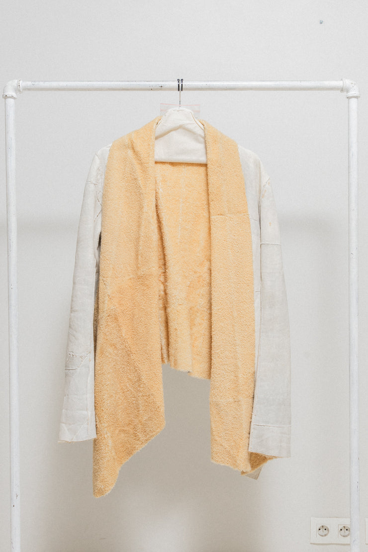 RICK OWENS - FW03 "TRUCKER" Shearling leather jacket with long sides (runway)