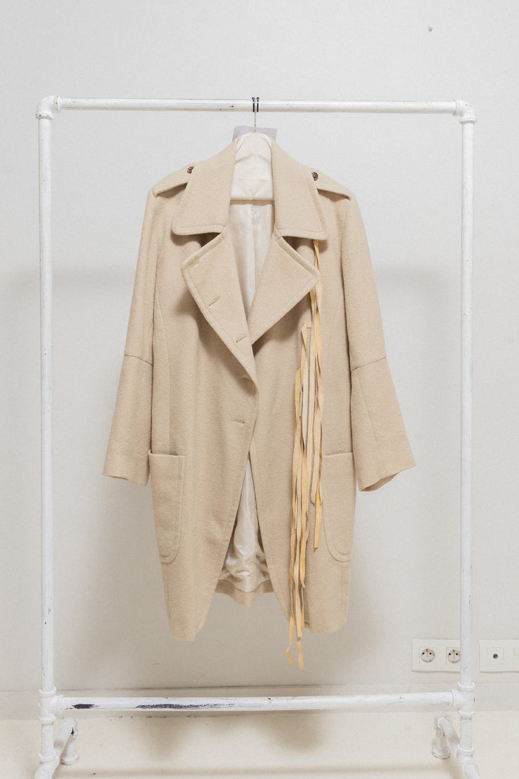 ANN DEMEULEMEESTER - FW02 Fleece wool coat with leather straps closure