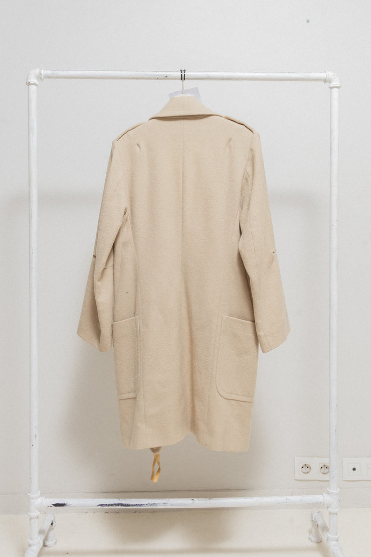 ANN DEMEULEMEESTER - FW02 Fleece wool coat with leather straps closure