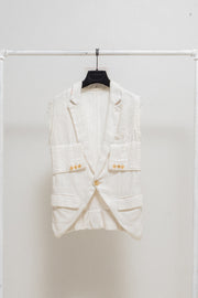 UNDERCOVER - SS03 "SCAB" Woven vest with ethnic collar and faux sewn on sleeves (runway)