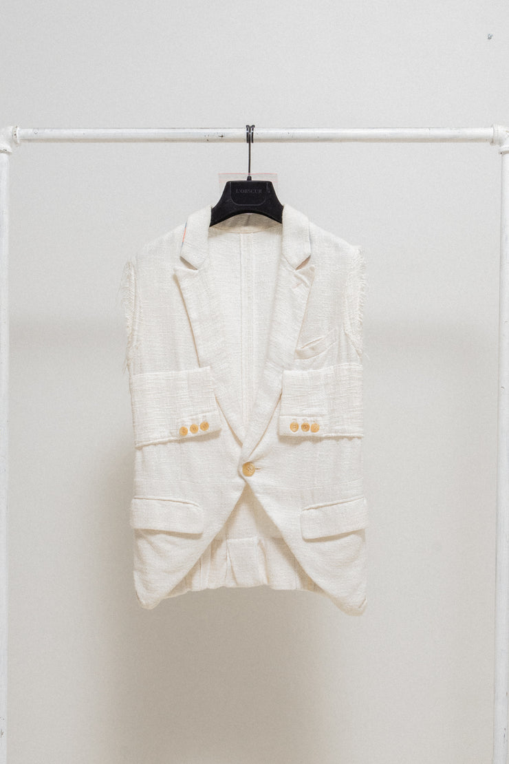 UNDERCOVER - SS03 "SCAB" Woven vest with ethnic collar and faux sewn on sleeves (runway)