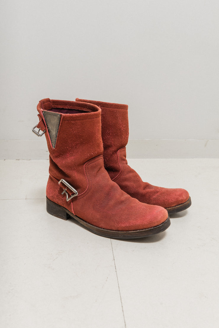 UNDERCOVER - FW04 "But Beautiful" Red engineer boots with metal monster plate