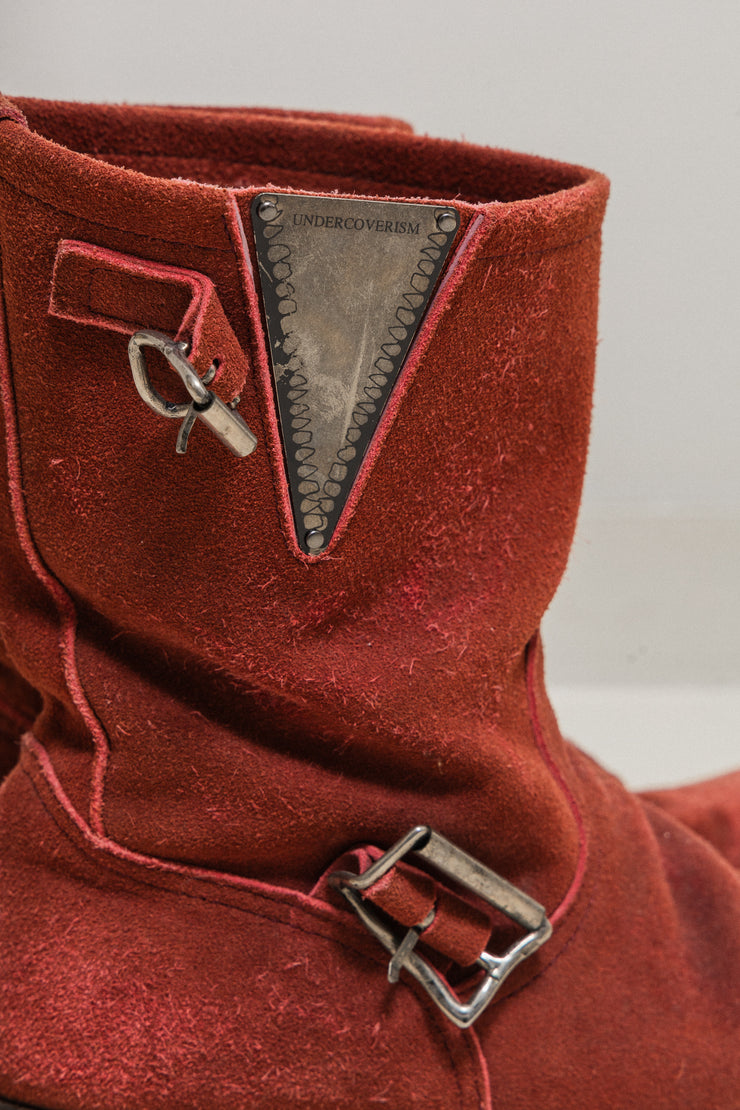 UNDERCOVER - FW04 "But Beautiful" Red engineer boots with metal monster plate