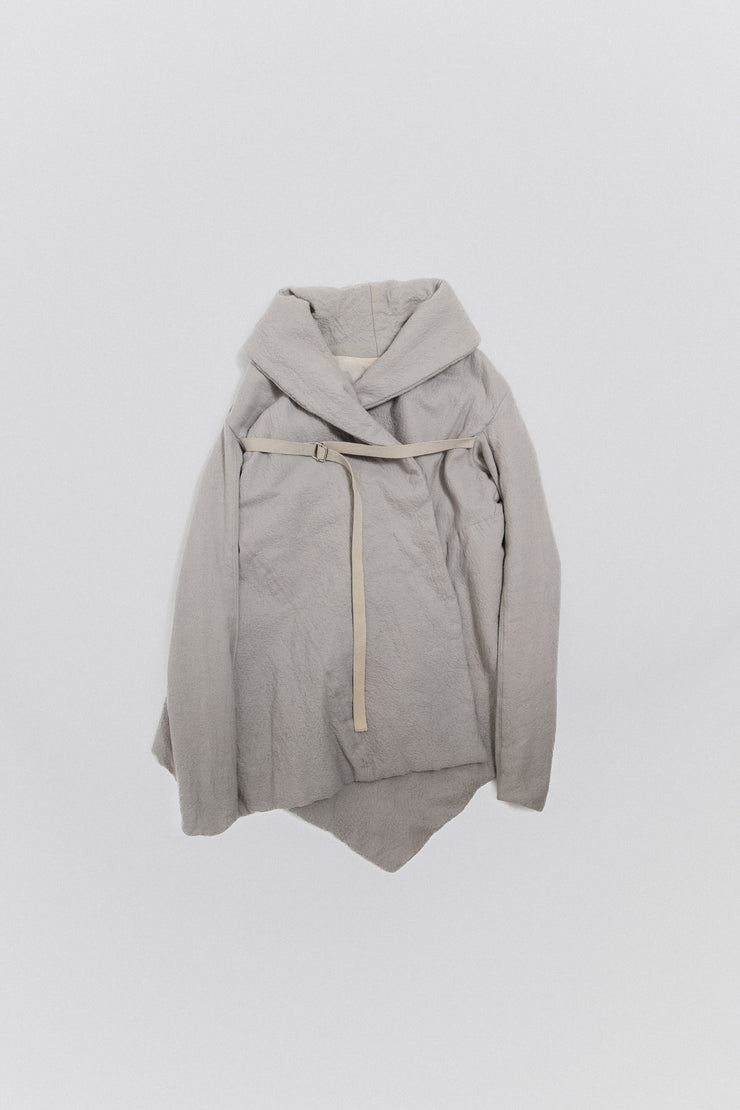 RICK OWENS - FW08 "STAG" Pearl grey textured wool jacket with chest strap