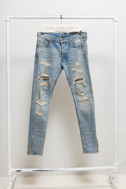 ISAMU KATAYAMA BACKLASH - Light washed crush denim with horse leather patches