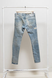 ISAMU KATAYAMA BACKLASH - Light washed crush denim with horse leather patches