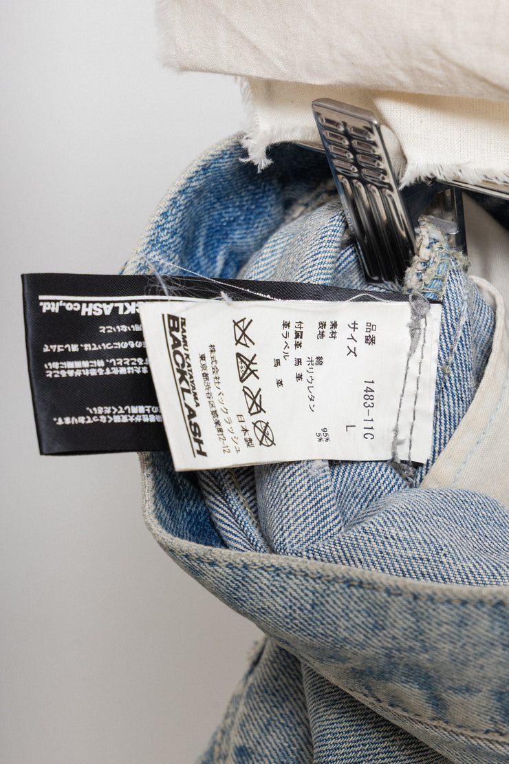 ISAMU KATAYAMA BACKLASH - Light washed crush denim with horse leather patches