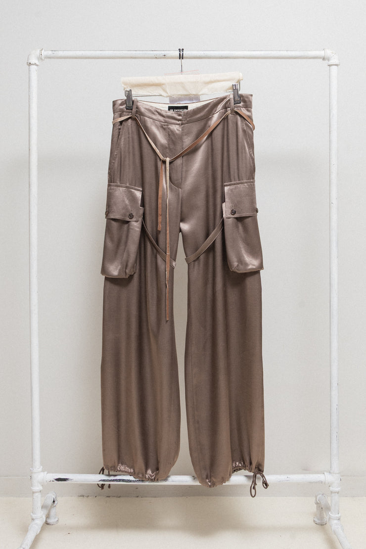 ANN DEMEULEMEESTER - FW02 Wide satin pants with cargo pockets and adjustable straps (runway)