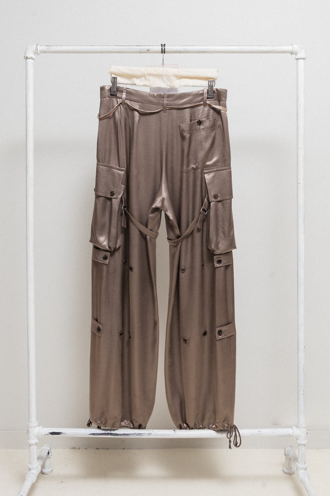 ANN DEMEULEMEESTER - FW02 Wide satin pants with cargo pockets and