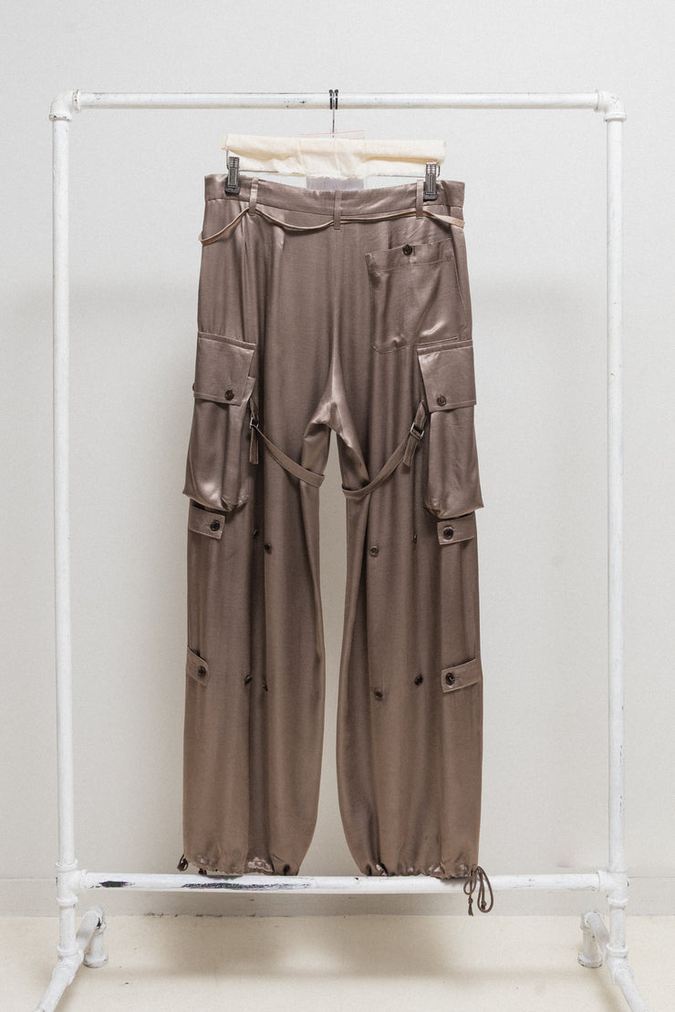 ANN DEMEULEMEESTER - FW02 Wide satin pants with cargo pockets and adjustable straps (runway)