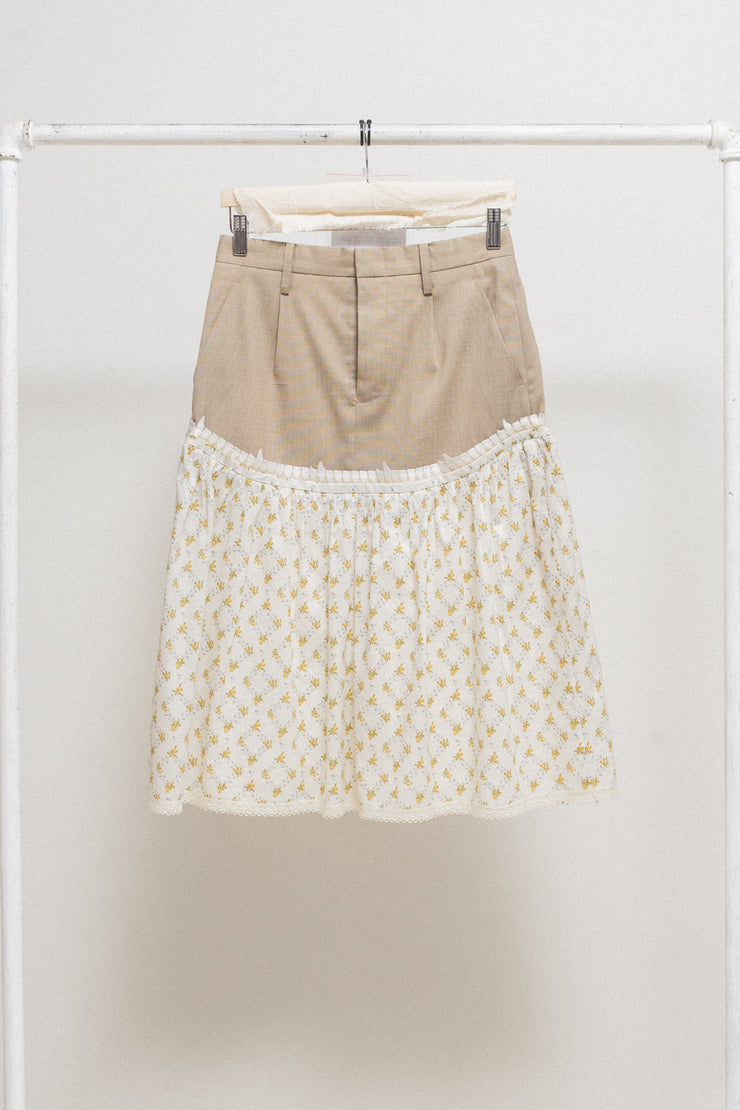 UNDERCOVER - SS05 « But Beautiful II » Wool skirt with floral cotton layer, embroidered teeth and eye button