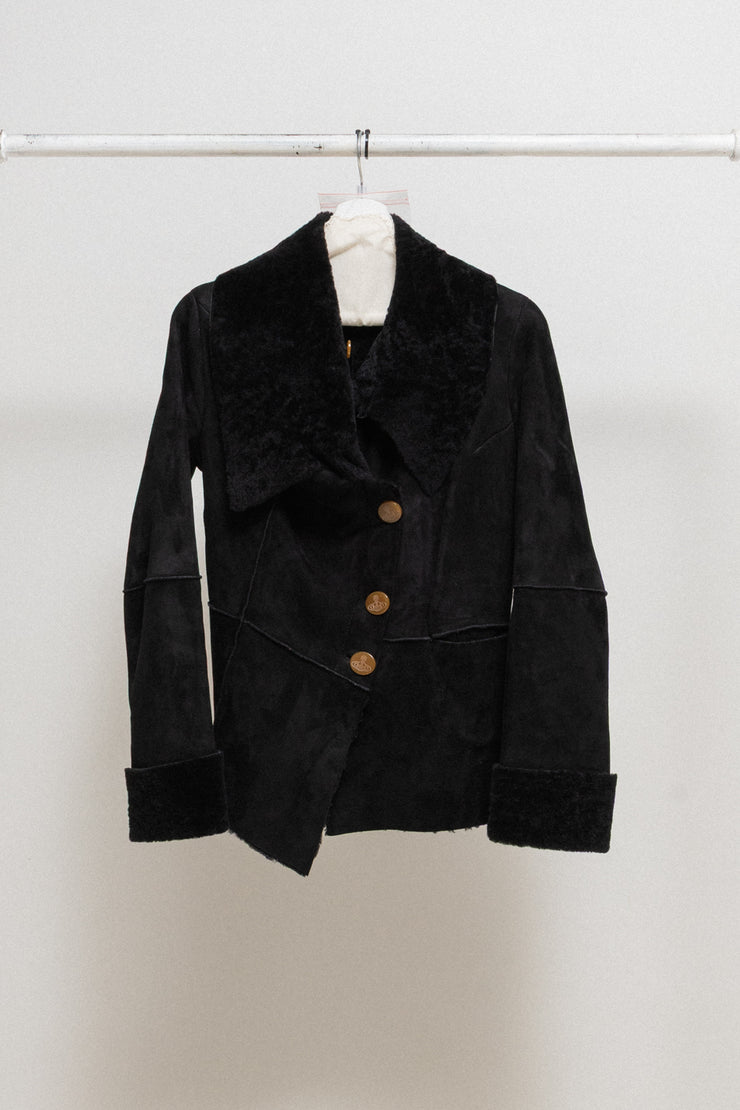 VIVIENNE WESTWOOD RED LABEL - FW02 Asymmetric leather shearling jacket with orb buttons