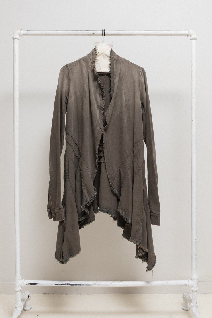 RICK OWENS DRKSHDW - 2007 Washed denim jacket with long sides, rounded panels and raw cut edges