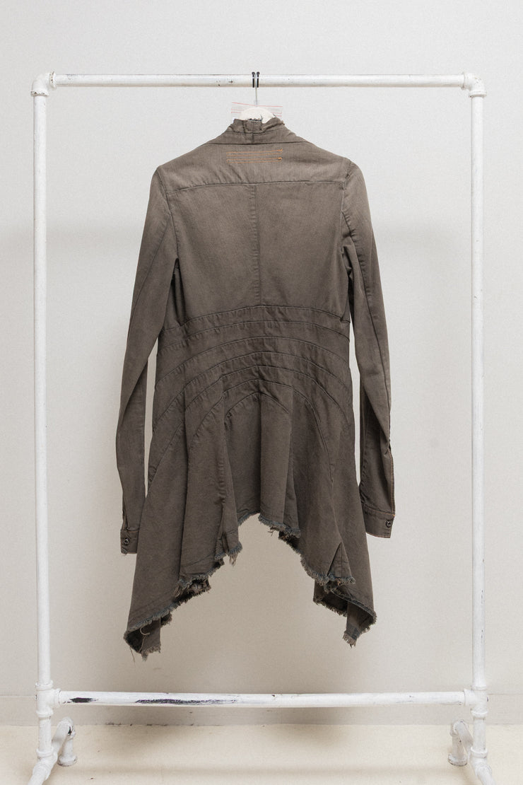 RICK OWENS DRKSHDW - 2007 Washed denim jacket with long sides, rounded panels and raw cut edges