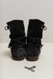 UNDERCOVER - FW04 « But Beautiful »  Suede engineer boots with monster teeth plate and deformed buckles (black)
