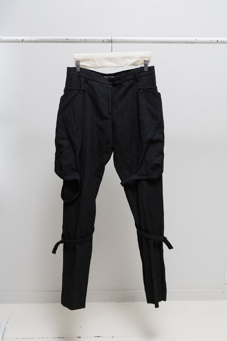 ANN DEMEULEMEESTER - FW04 Fleece wool pants with big buttoned pockets and leg straps (runway)