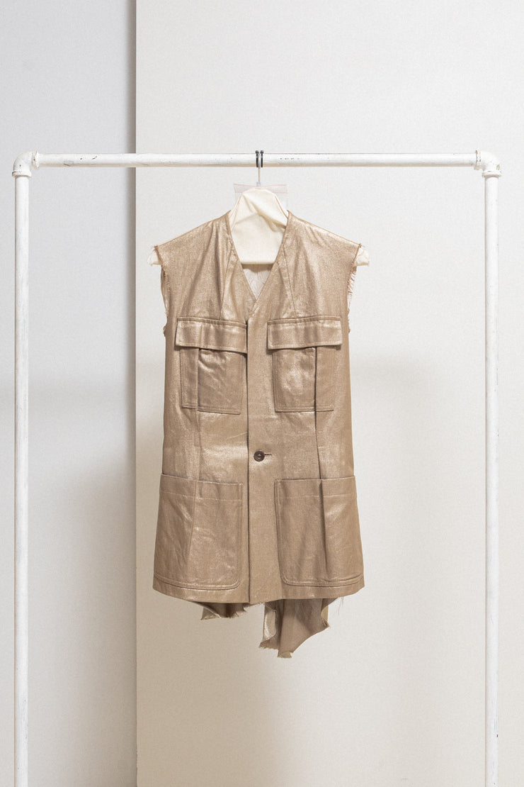 RICK OWENS - SS04 "CITROEN" Golden cotton military vest with silk draped back (runway)