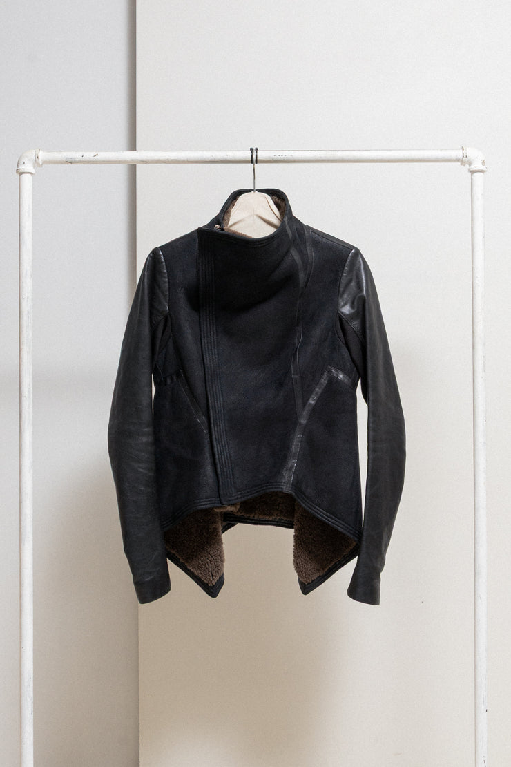 RICK OWENS - FW12 "MOUNTAIN" Lamb leather jacket with dust fleece and calf leather sleeves