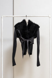 RICK OWENS PALAIS ROYAL - 2009 Kangaroo leather + calf skin cropped jacket with straps and beaver fur collar