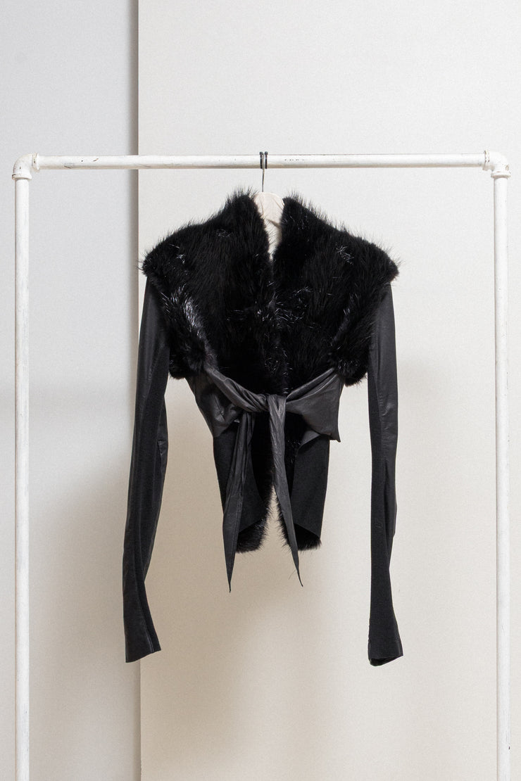 RICK OWENS PALAIS ROYAL - 2009 Kangaroo leather + calf skin cropped jacket with straps and beaver fur collar