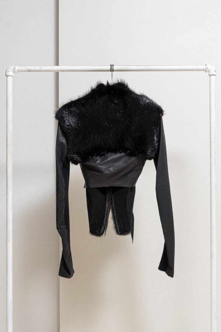 RICK OWENS PALAIS ROYAL - 2009 Kangaroo leather + calf skin cropped jacket with straps and beaver fur collar