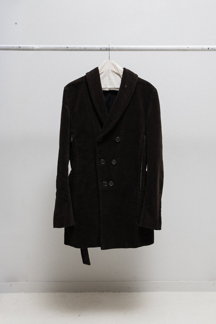 ANN DEMEULEMEESTER - Cotton velvet coat with inner belt and side zippers (early 00&