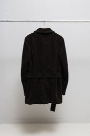 ANN DEMEULEMEESTER - Cotton velvet coat with inner belt and side zippers (early 00's)