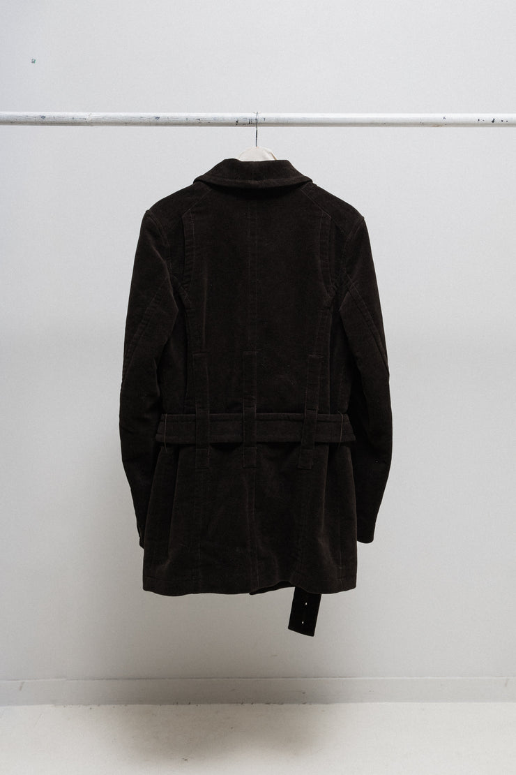 ANN DEMEULEMEESTER - Cotton velvet coat with inner belt and side zippers (early 00&