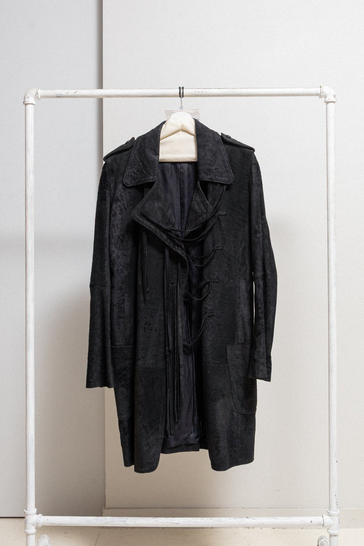 ANN DEMEULEMEESTER - FW02 Long textured leather coat with leather straps