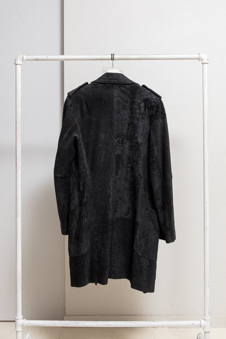 ANN DEMEULEMEESTER - FW02 Long textured leather coat with leather straps